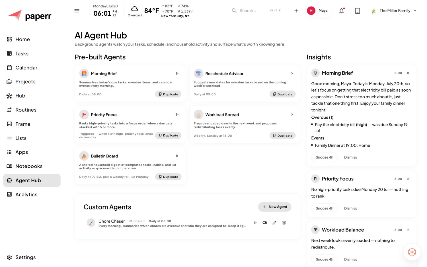 paperr Agent Hub with insight cards